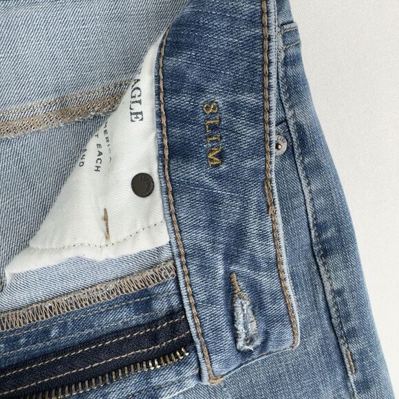 American Eagle Jeans Mens 29x32 Blue Slim Stretch Distressed Light Wash Denim - Picture 10 of 16